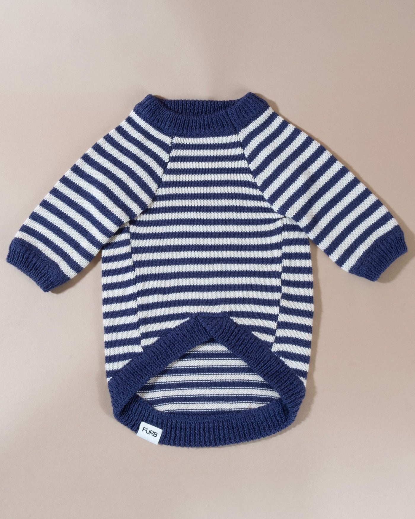 Cozy knit stripe dog sweater in blue and white, perfect for chilly walks with Beagles and small to medium breeds.