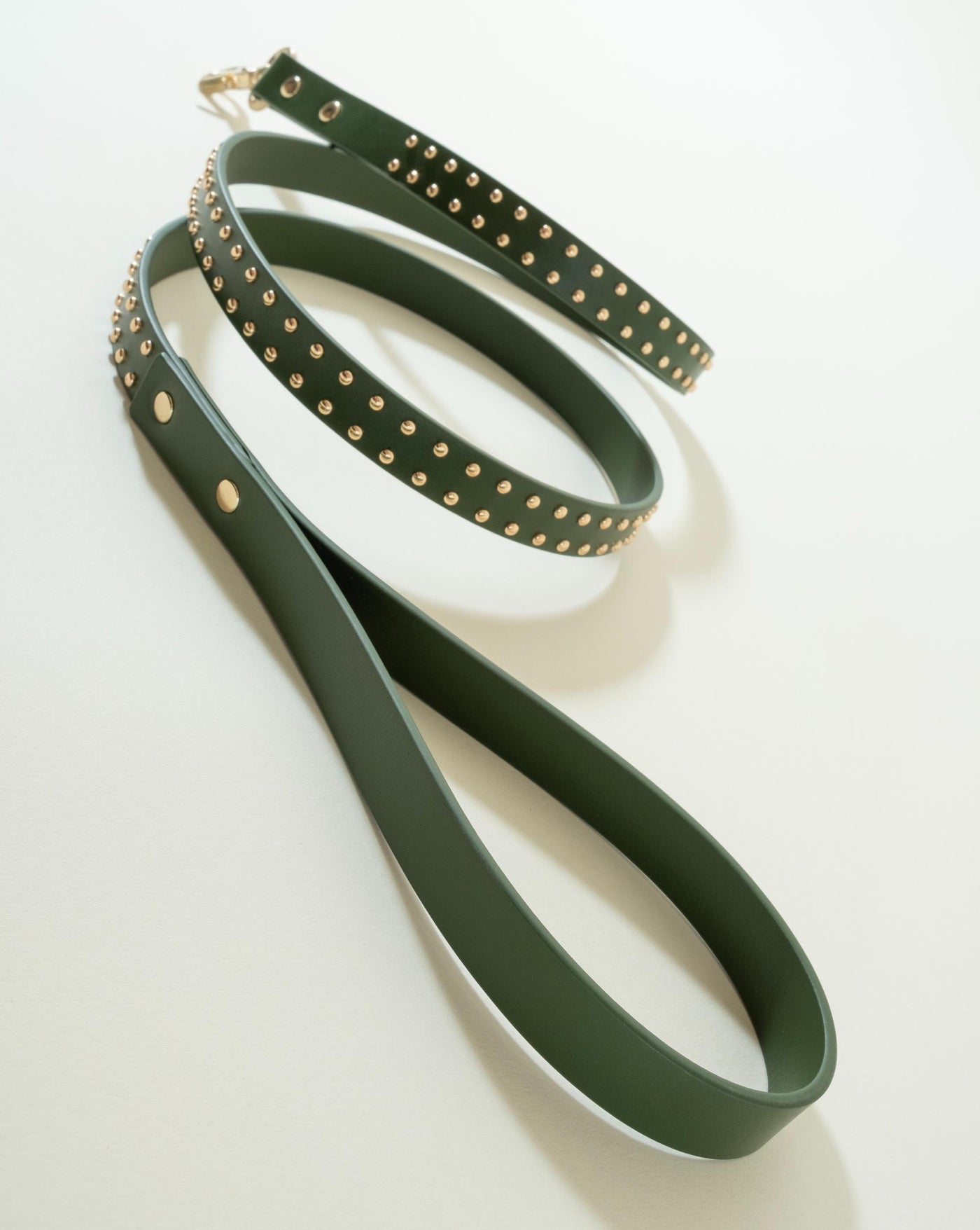 Durable olive green leather leash with stud accents for dogs who love to stand out