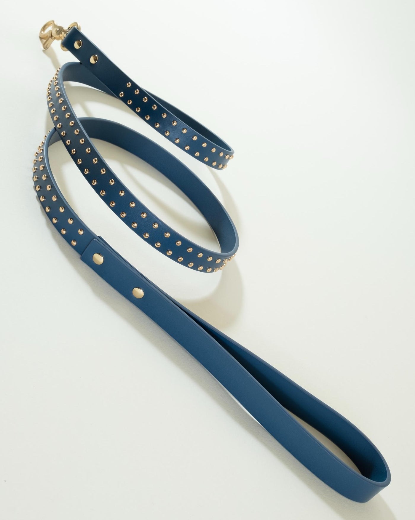 Strong and stylish blue leather dog leash with stud detailing, perfect for daily walks