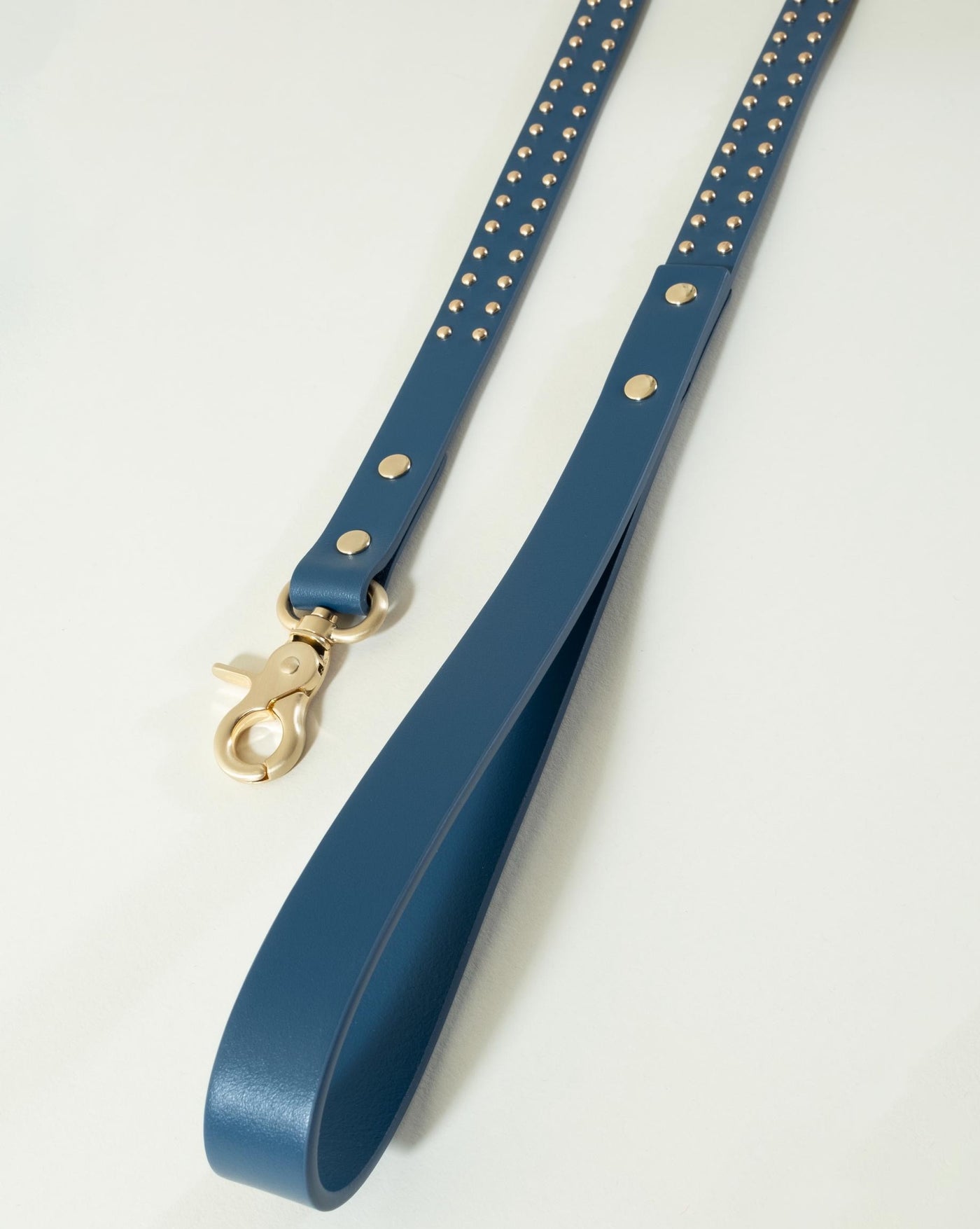 Stylish blue leather dog leash with stud details, perfect for fashionable dog owners