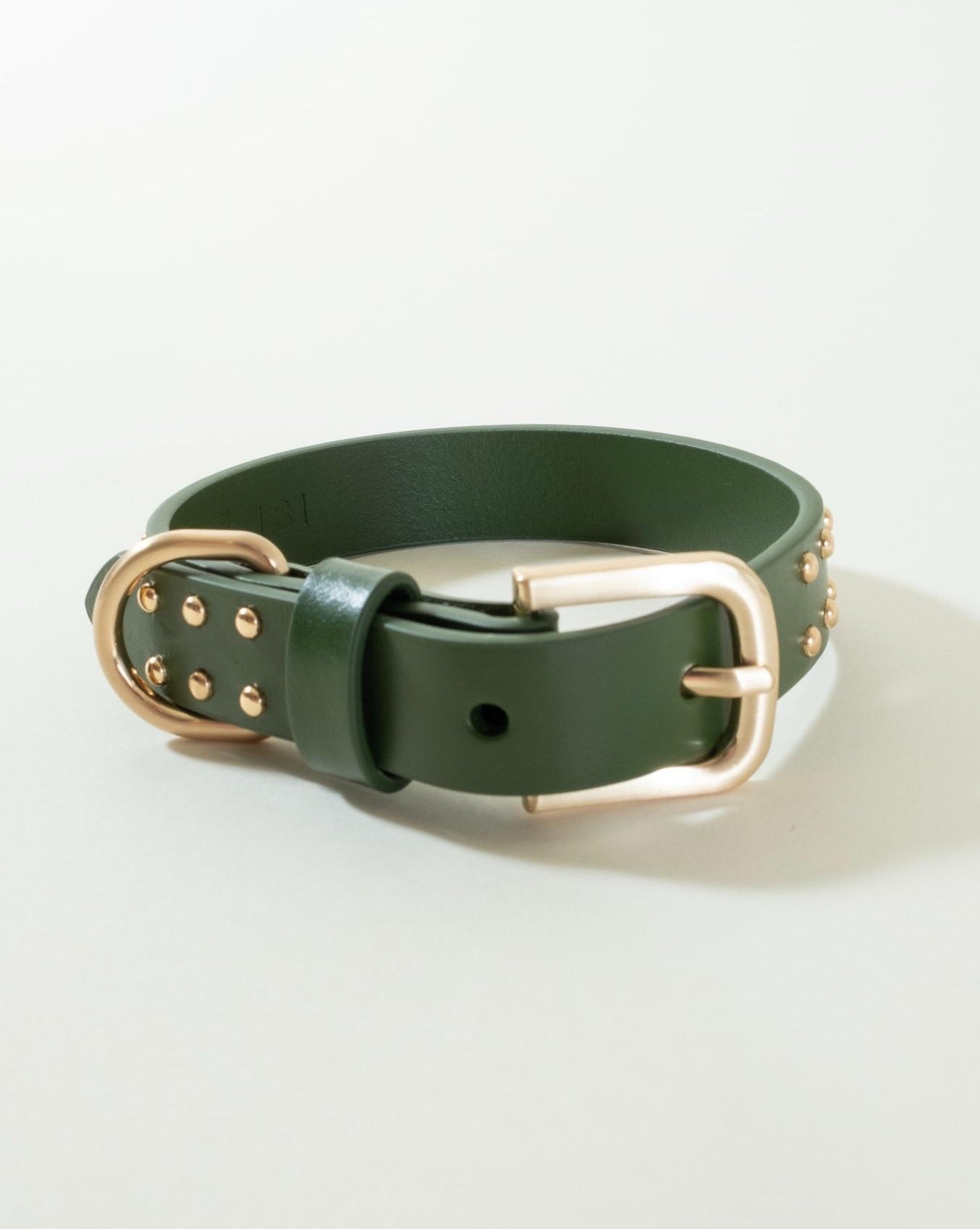 Stylish olive green leather dog collar with studs, perfect for active dogs