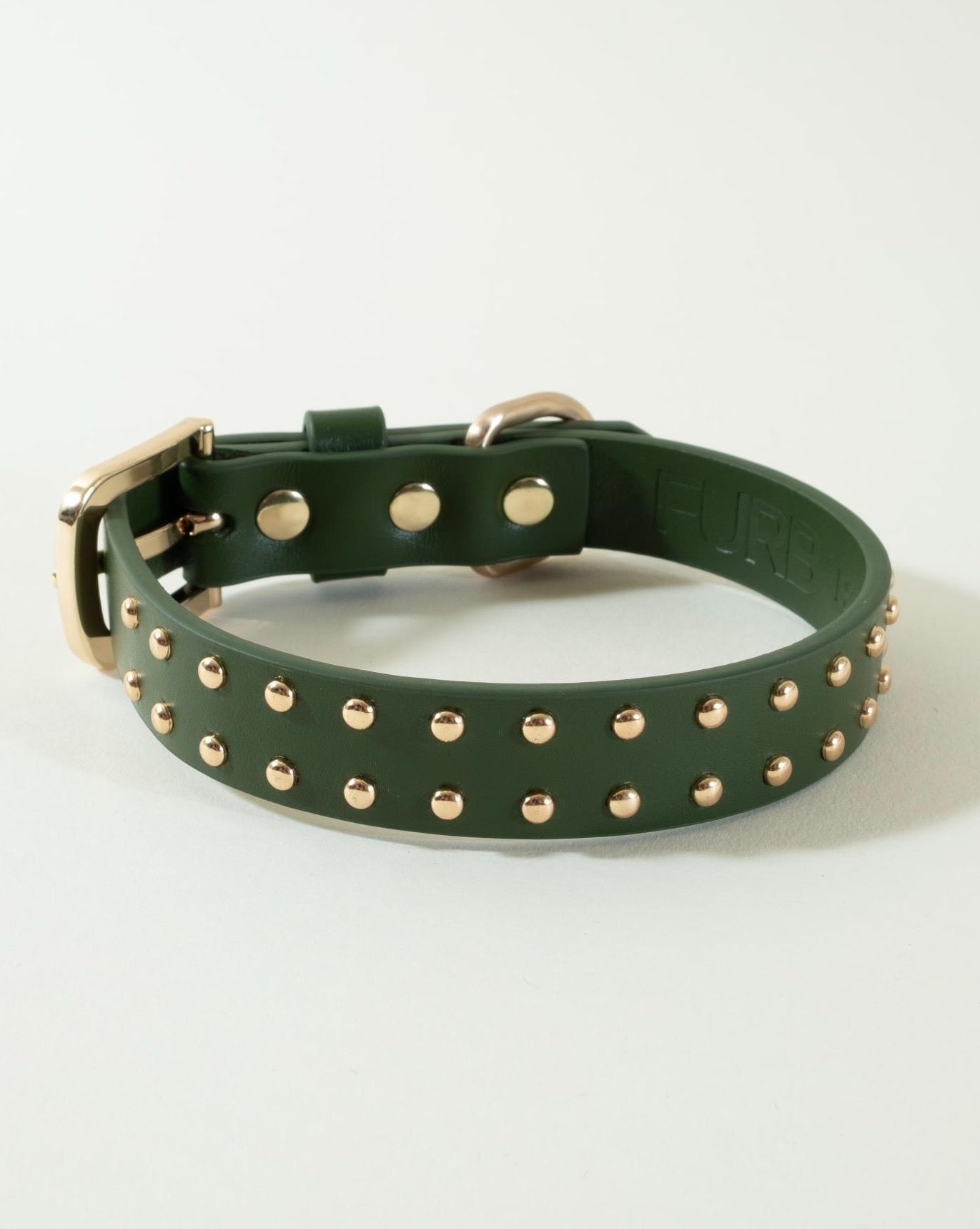 Durable olive green leather collar with studs, ideal for adventurous dogs