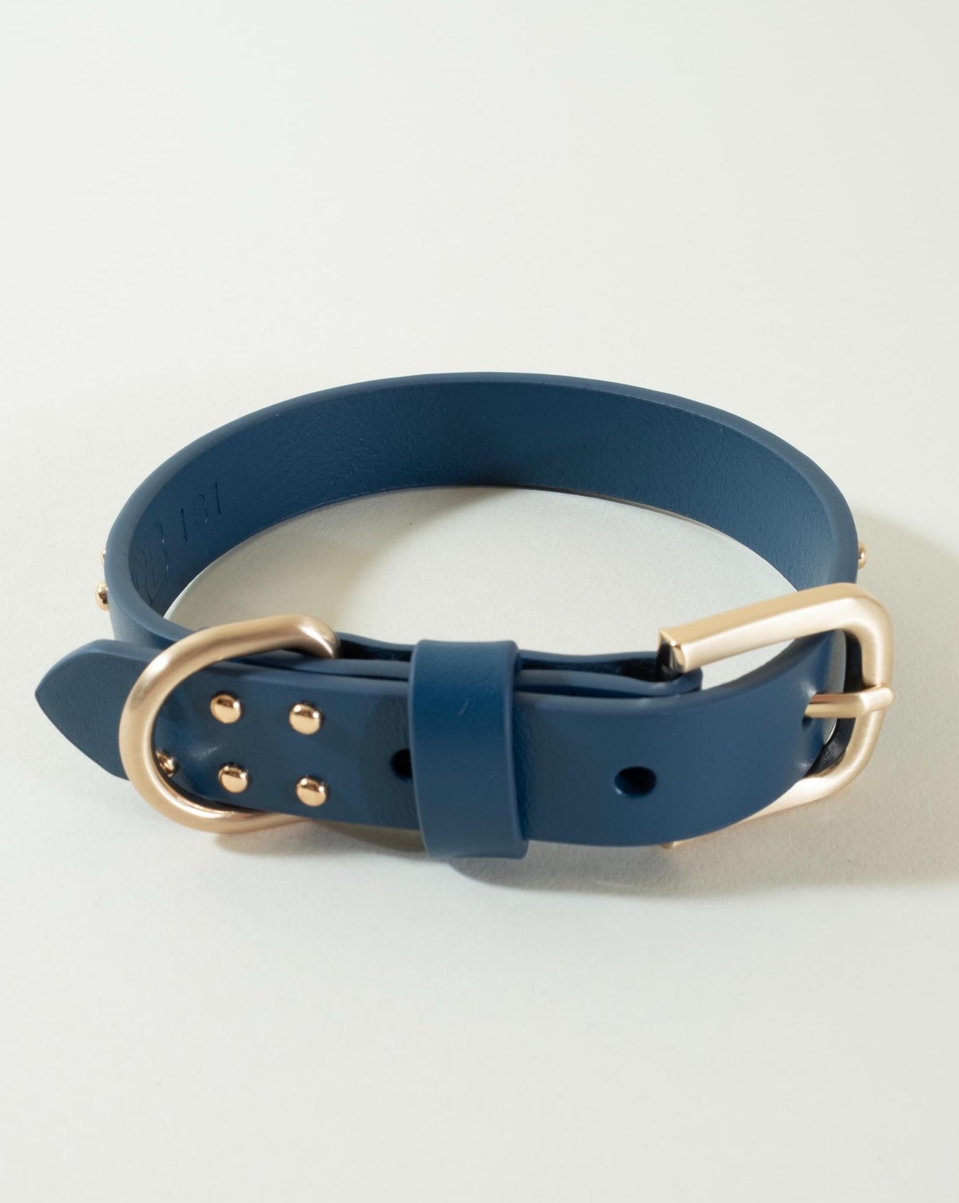 Premium blue leather dog collar with stylish stud details for a fashionable look