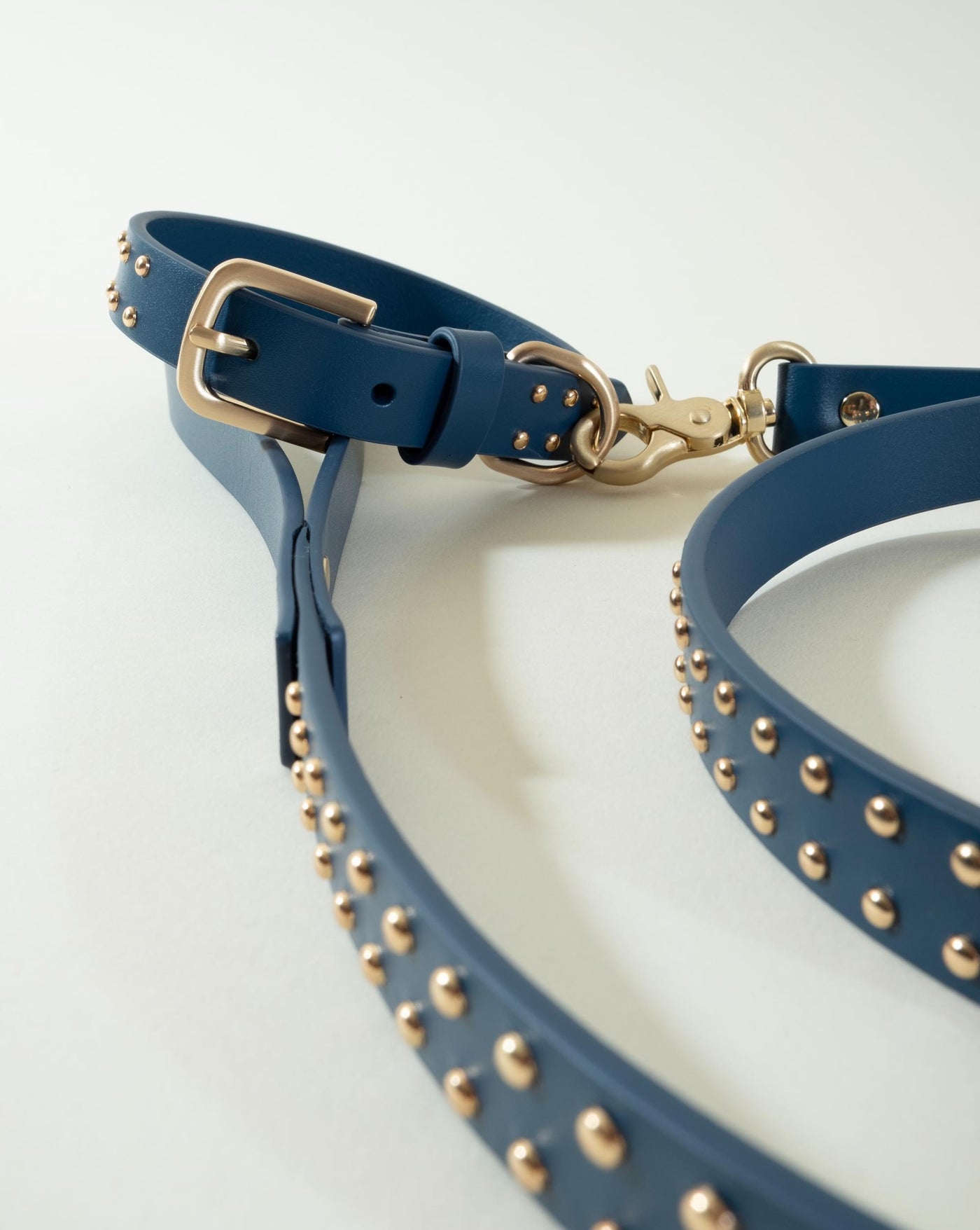 Stunning blue leather collar with stud accents, perfect for stylish dogs