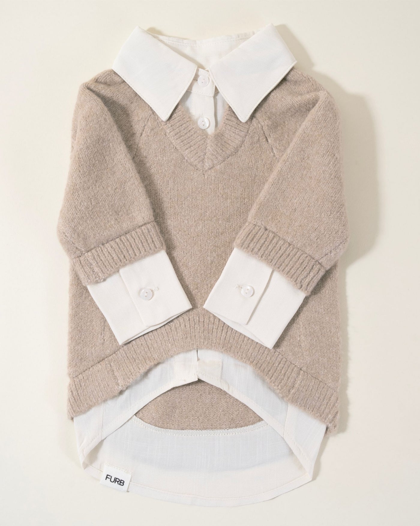 Stylish white dog sweater with a two-fer collar, perfect for formal and casual outings