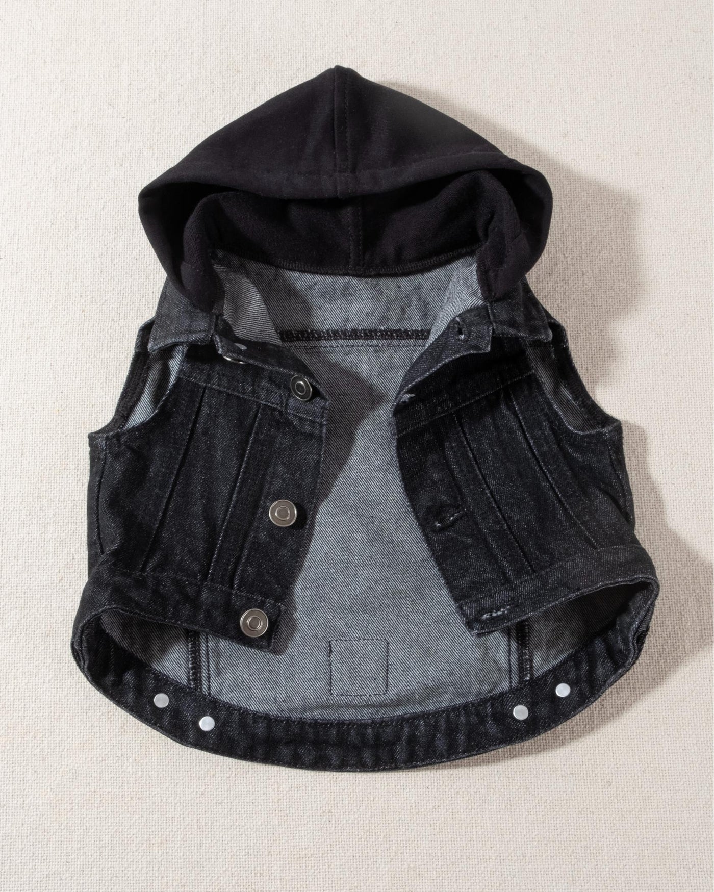 black denim dog vest with black hood