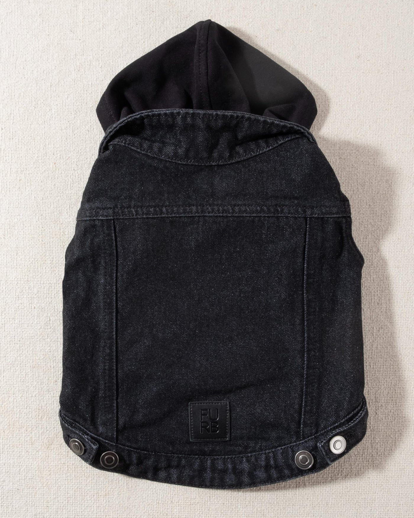 black denim dog vest with black hood