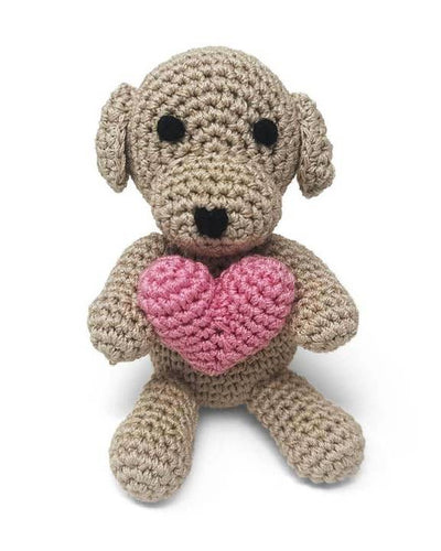 Adorable Puppy Crochet Dog Toy in brown/tan, perfect for small dogs and puppies to snuggle and chew.