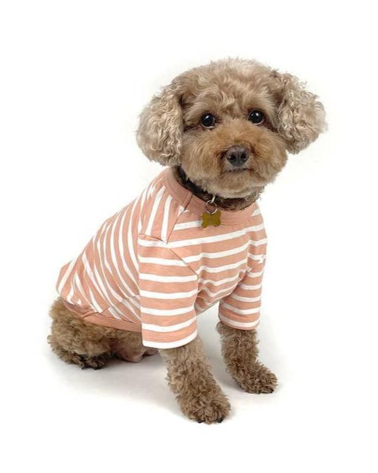 Peach and cream striped dog tee with French-inspired style, perfect for Yorkies or French Bulldogs.