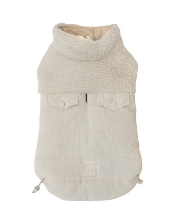 French Bulldog in a soft and warm ivory teddy vest for stylish walks.