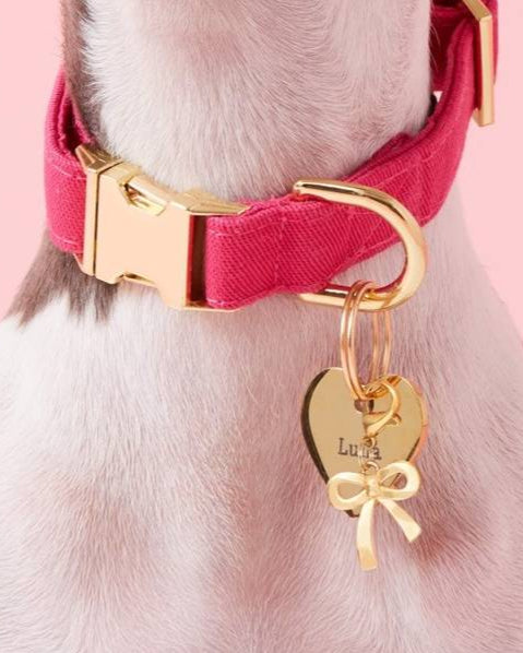 Gold bow charm for dog collars, perfect for small and medium-sized breeds looking for a touch of sophistication