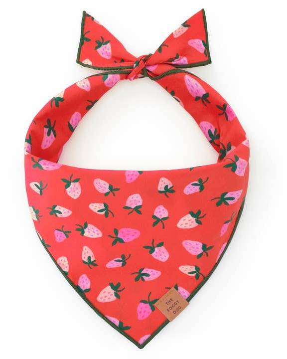 Adorable pink berry-themed foggy dog bandana, perfect for adding a touch of sweetness to your pup’s wardrobe.