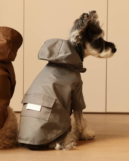 Practical and chic gunmetal dog raincoat for wet weather, perfect for small breeds like Pugs or Doodles.