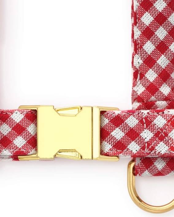 Red gingham harness for fashionable small dogs like Poodles and Cocker Spaniels.