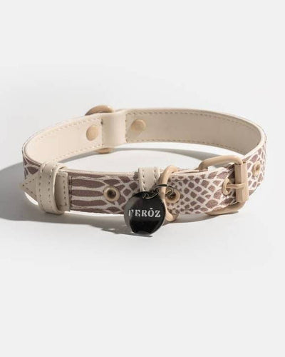 Fierce + Fab neutral snake dog collar, perfect for small and medium-sized dogs like French Bulldogs and Boxers.