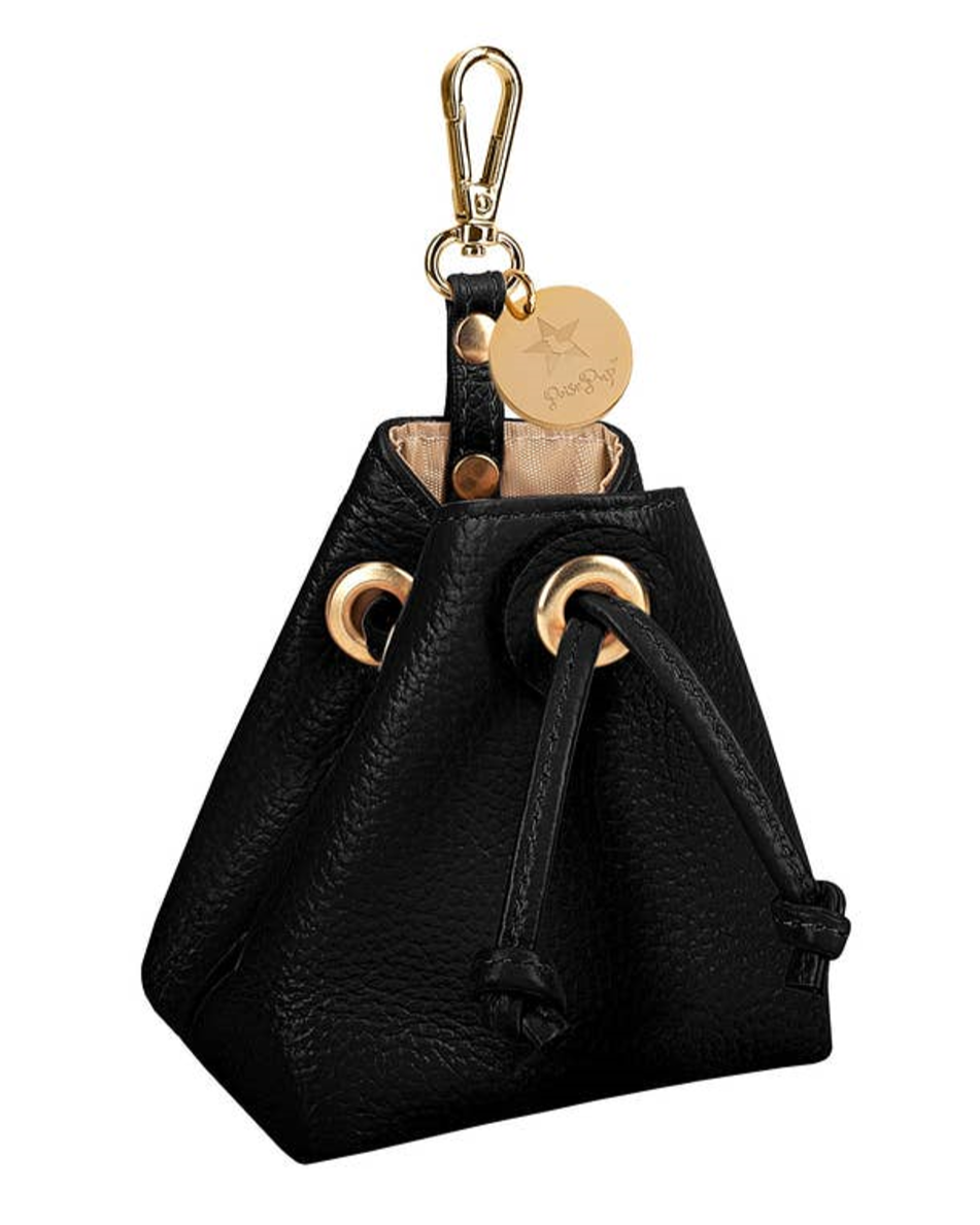 Demure Dog black leather treat bag for stylish dog owners, perfect for walks with French Bulldogs or Shih Tzus.