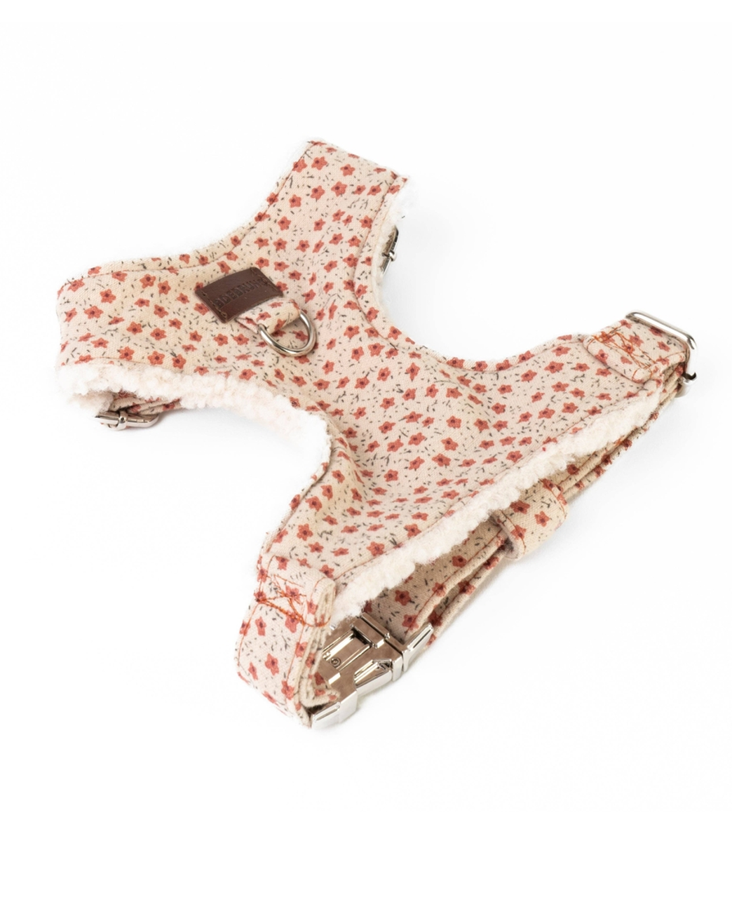 Red floral dog harness ideal for small dogs like French Bulldogs and Pugs, ensuring comfort and style.