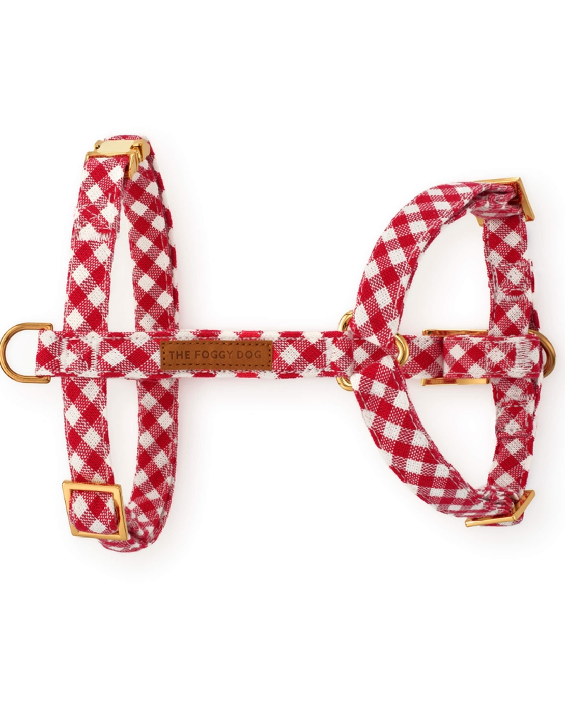 Cute red gingham harness for small to medium dogs, like French Bulldogs and Dachshunds.