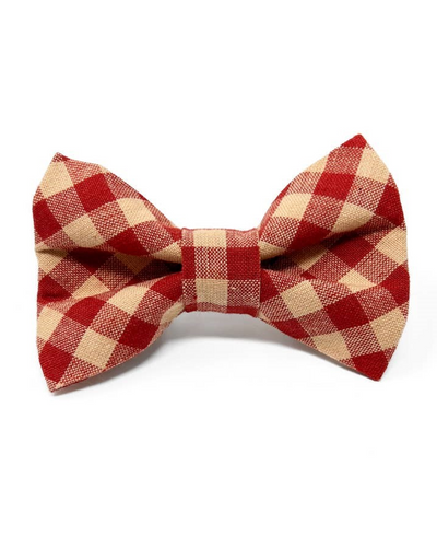 Classic red and tan checkered dog bow tie, perfect for stylish pets.