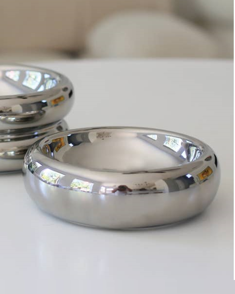 Sleek and durable chrome pet bowl for dogs, perfect for Yorkies or Chihuahuas.