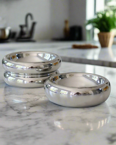 Elegant chrome pet bowl set for small dogs, perfect for Corgis or Chihuahuas.