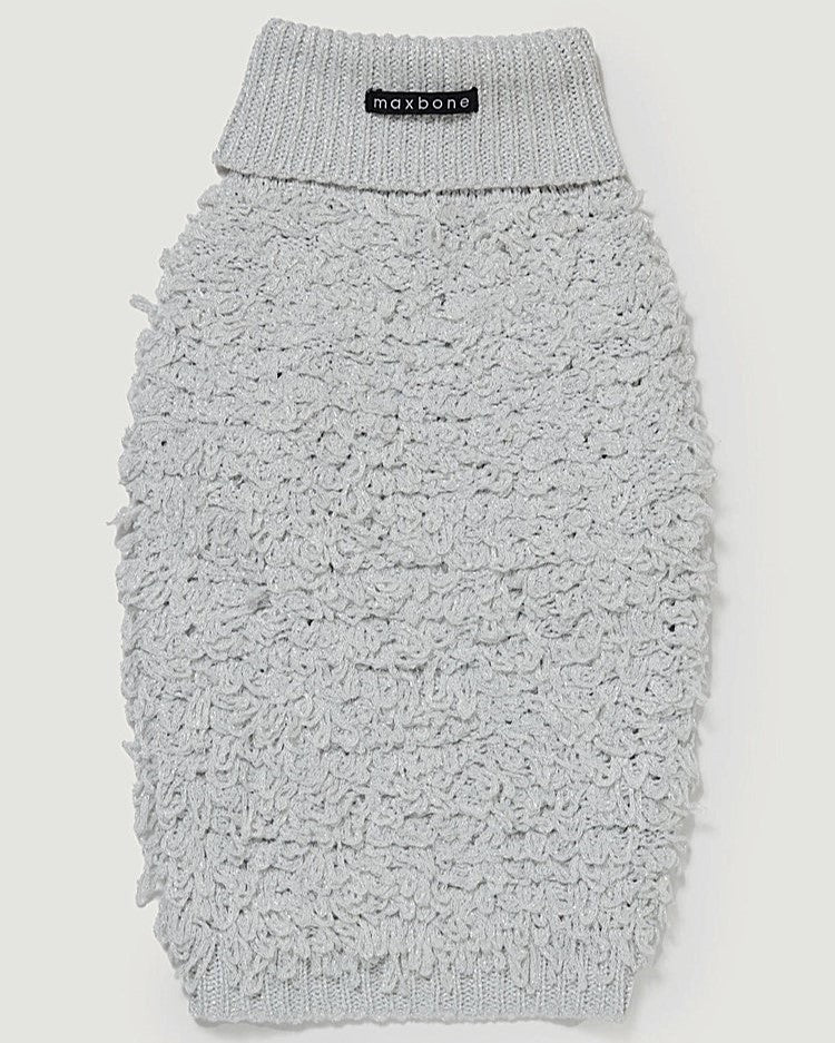 Starlet Metallic Silver Curly Knit Jumper Christmas sweater for Pugs, perfect for festive fun.