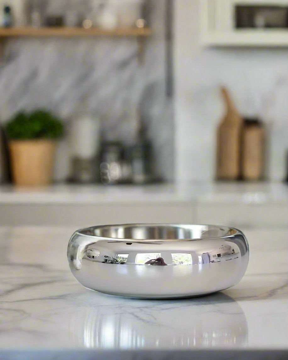 Low-profile Modern Muse chrome dog bowl, perfect for small breeds like Bichons or Pugs.