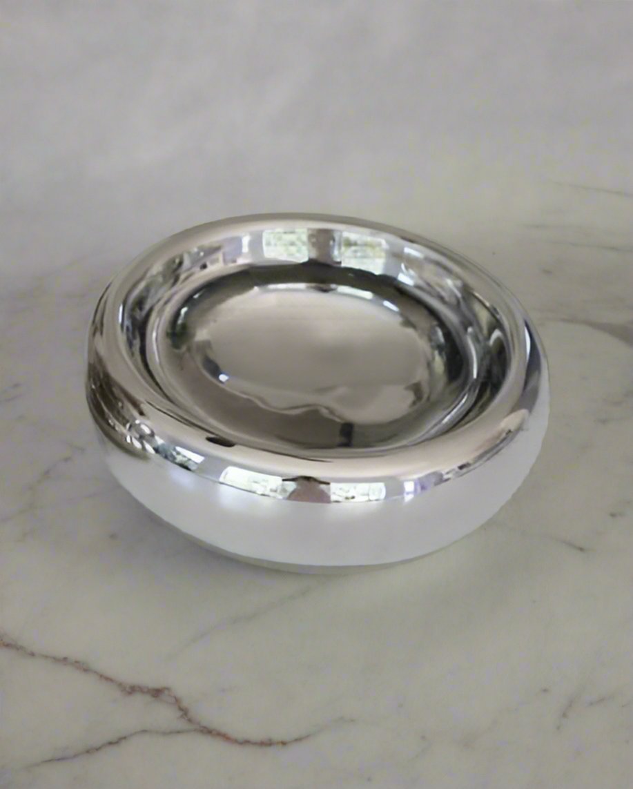 Low chrome dog bowl for stylish feeding, perfect for Doodles or Pugs.