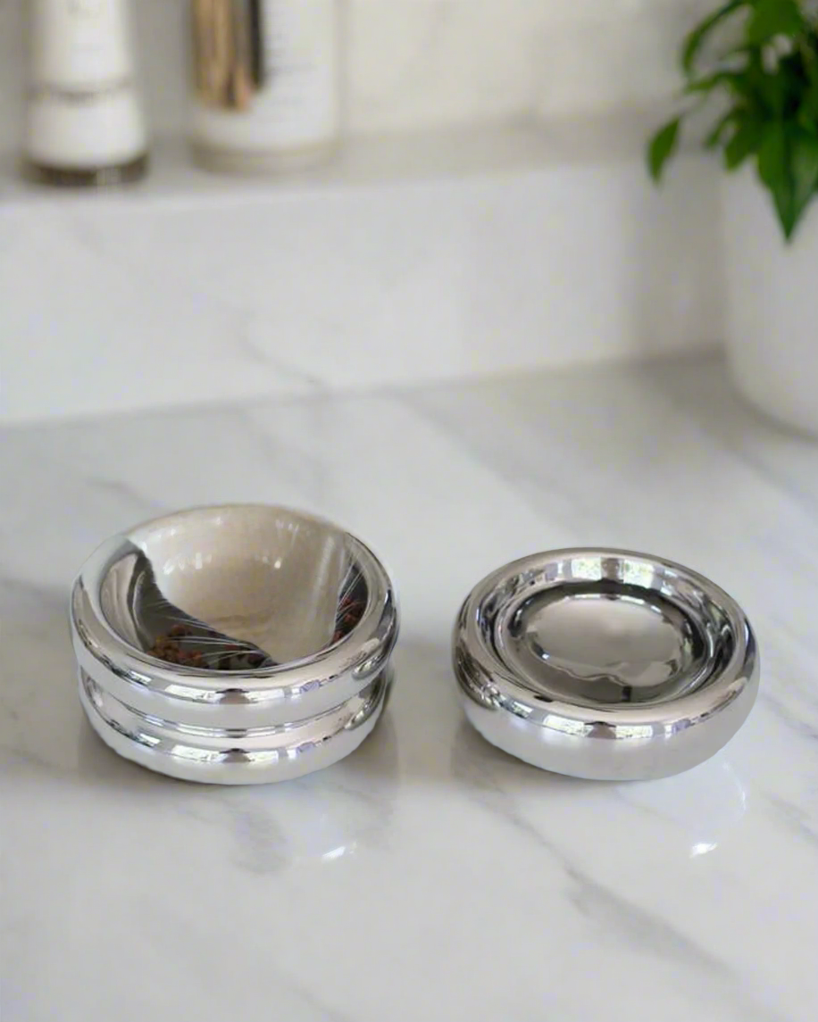 Stylish and functional Modern Muse chrome bowl set, perfect for Doodles or French Bulldogs.