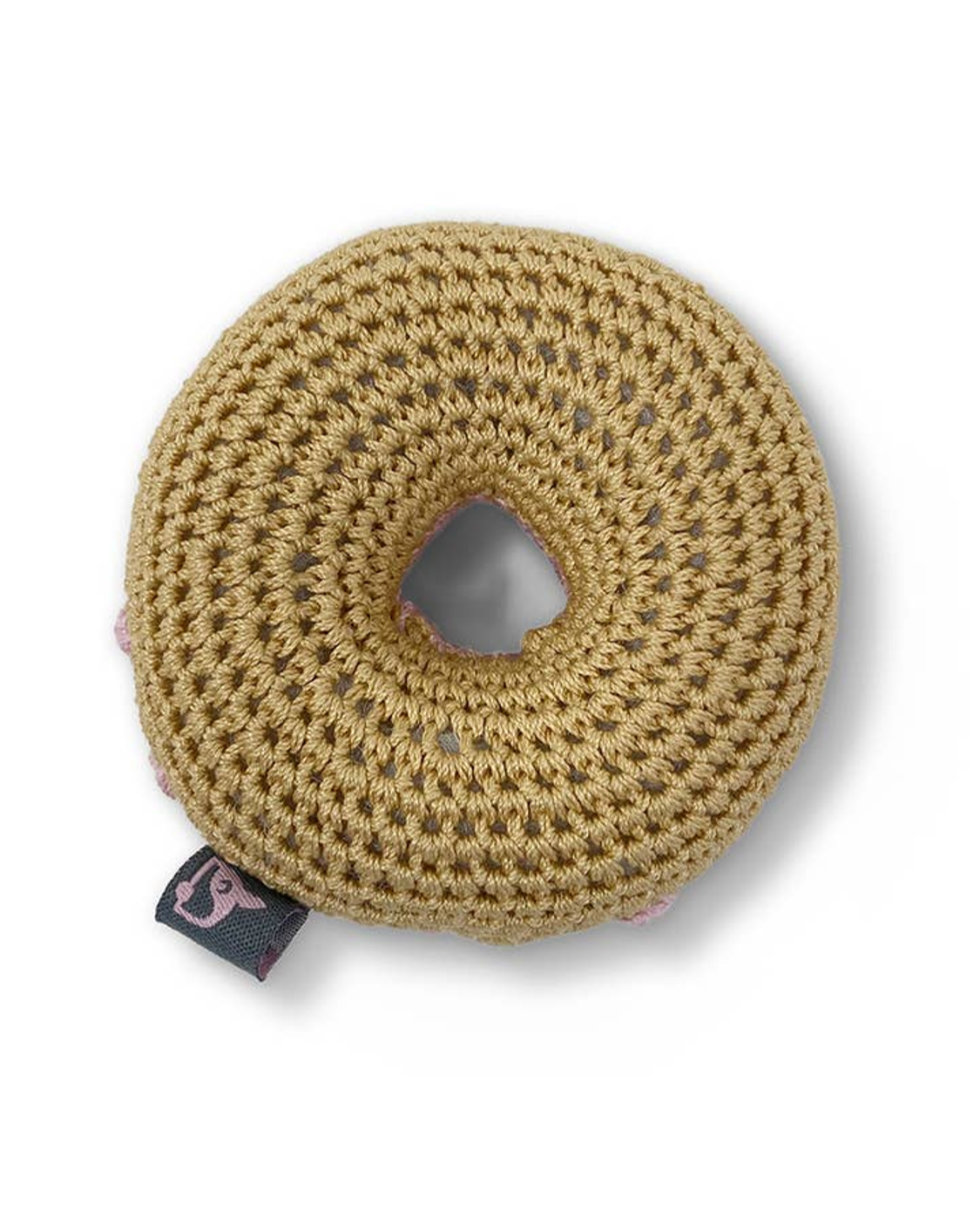 Fun and durable donut-shaped crochet toy for dogs, perfect for Boston Terriers or Corgis.