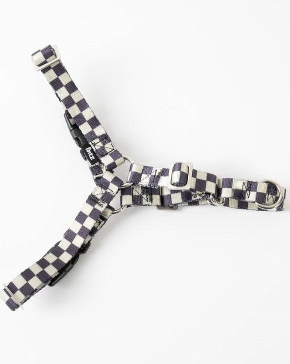 black and cream checkered dog harness