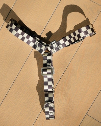 black and cream checkered dog harness